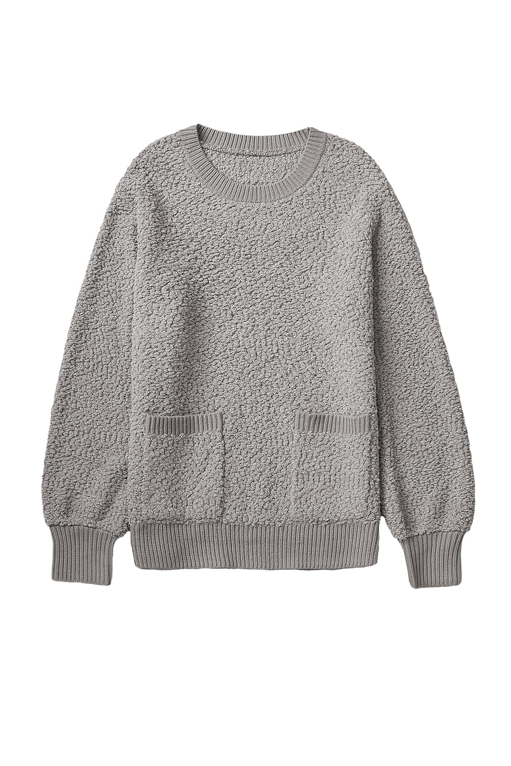 Pull gris en tricot pop-corn à double poches et bordures côtelées