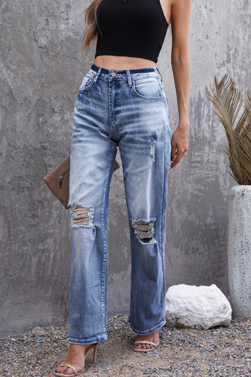 Blue High Waist Distressed Ripped Hole Flare Jeans