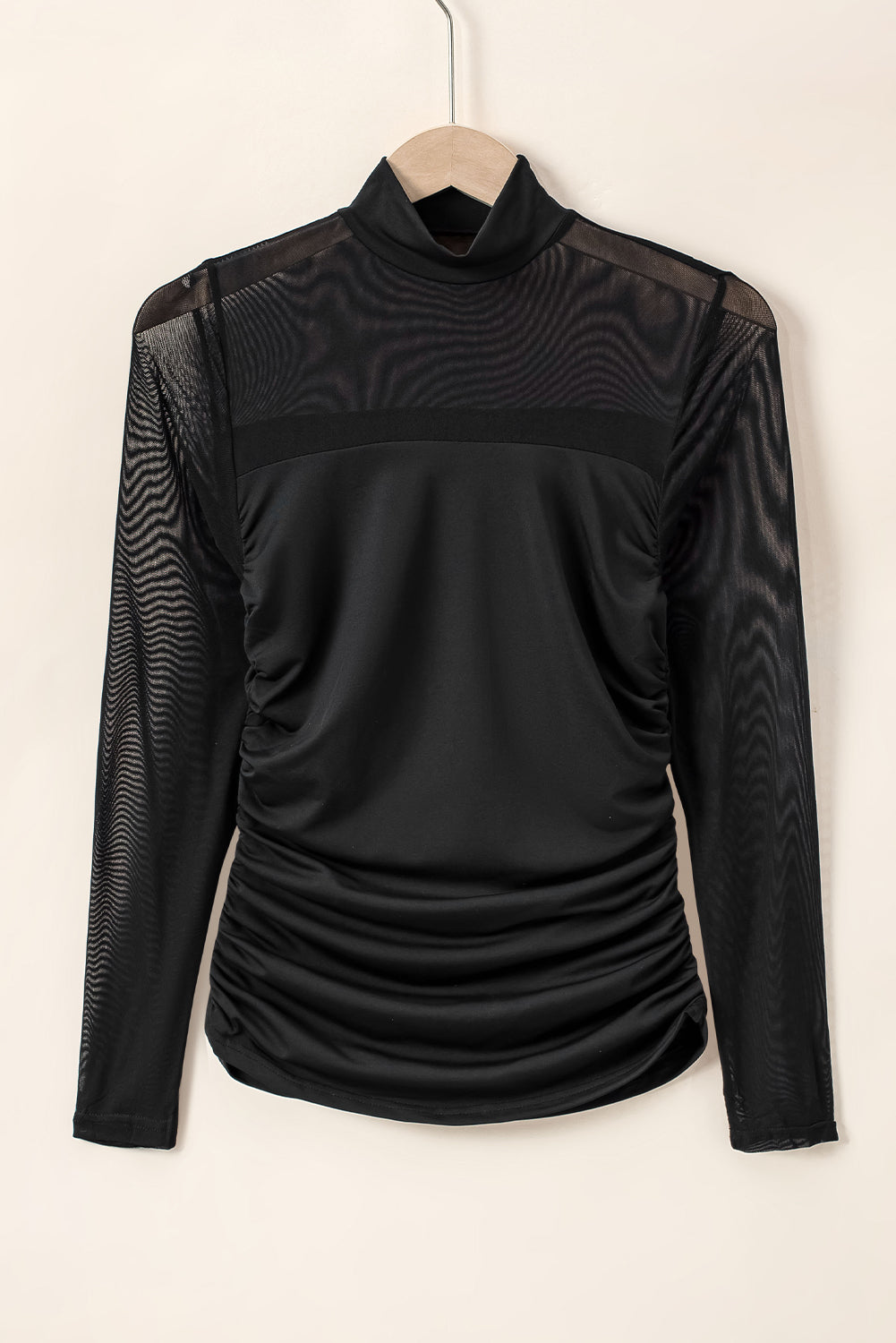 Black High Neck Ruched Mesh Long Sleeve Top