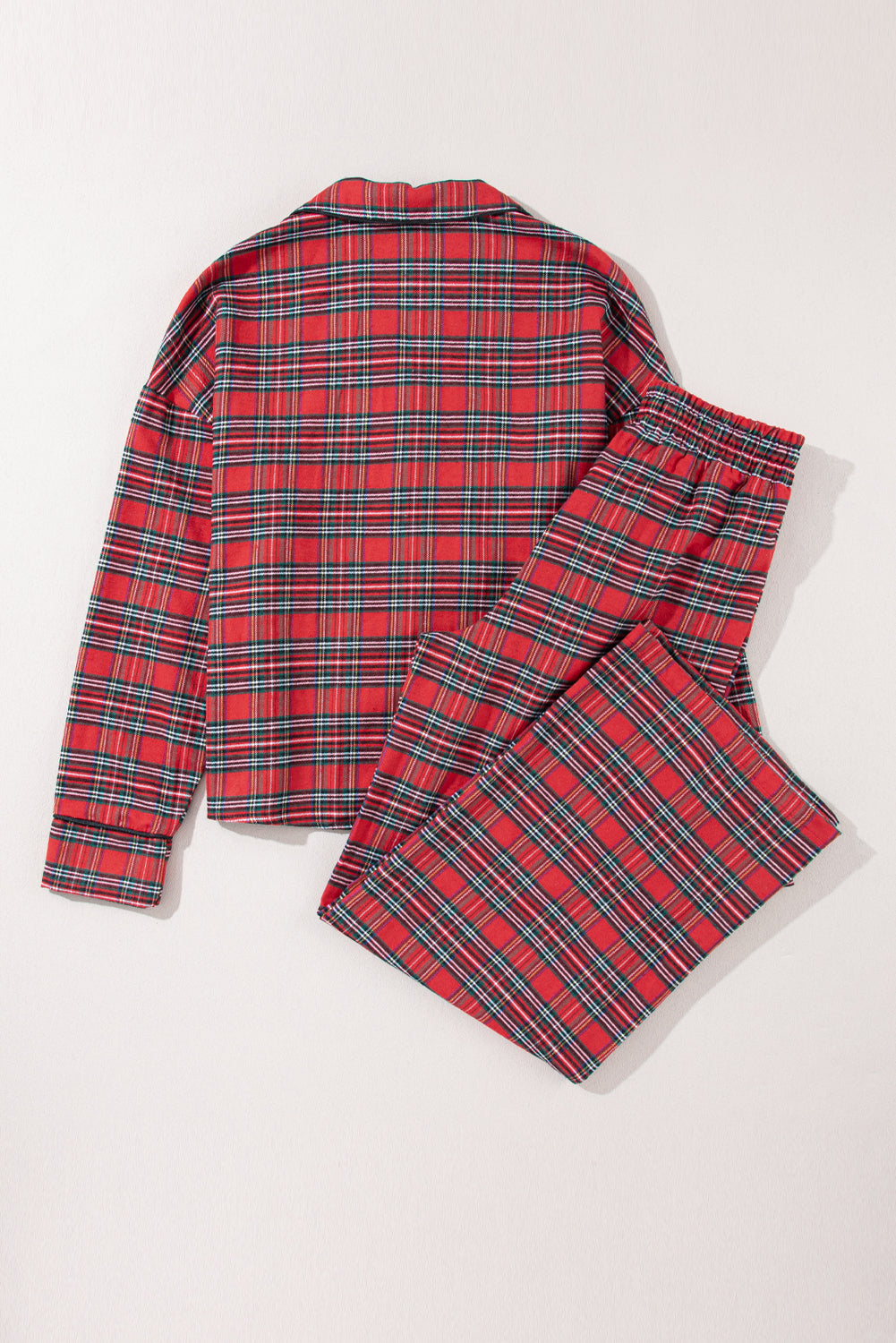 Fiery Red Tartan Plaid Print Long Sleeve Shirt and Pants Pajama Set