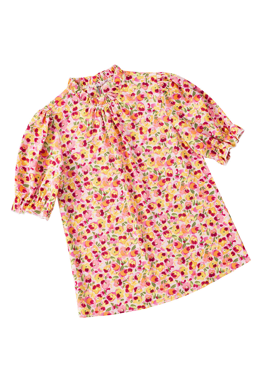 Orangefarbene Boho-Bluse mit Blumenrüschen und kurzen Ärmeln und Stehkragen