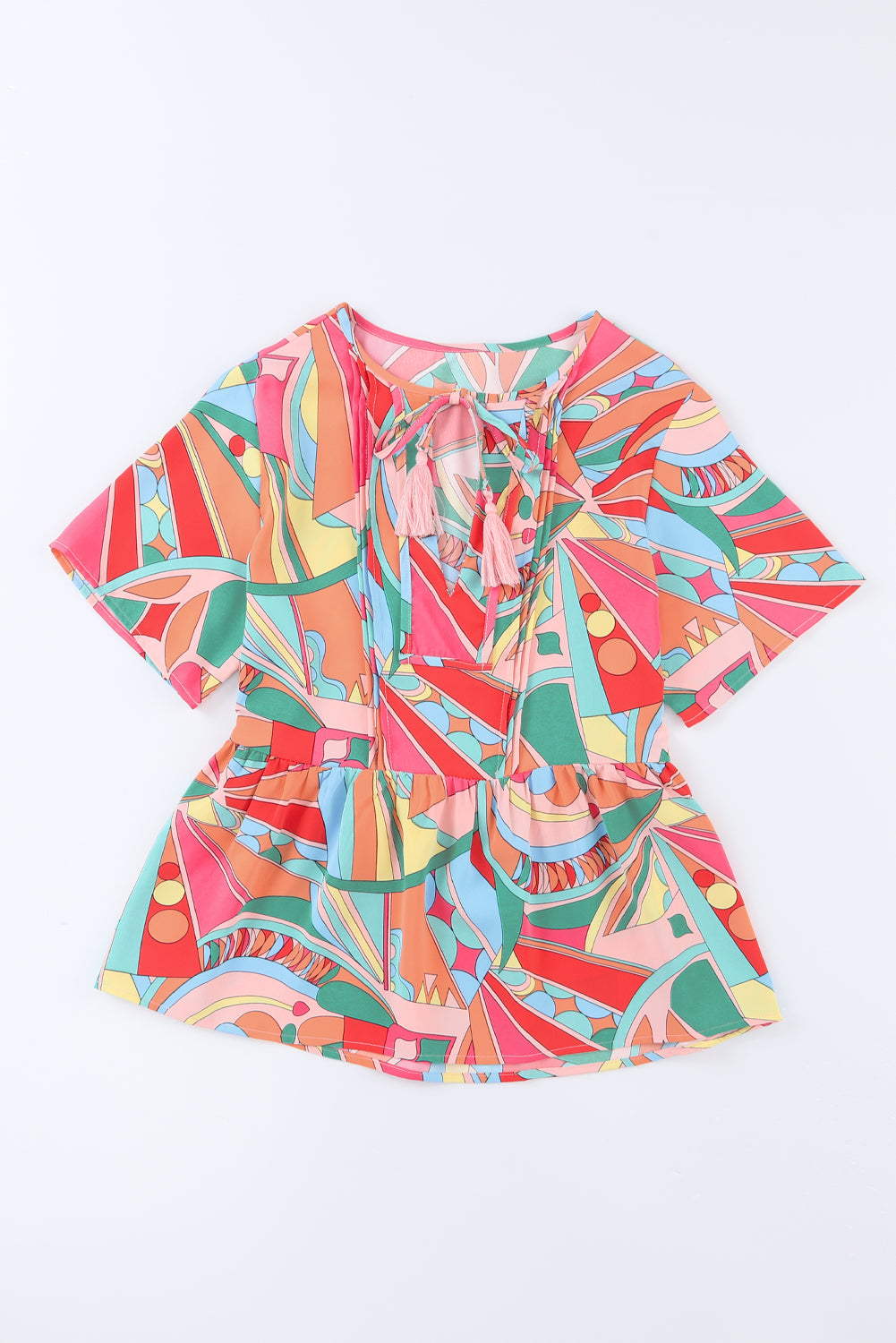 Mehrfarbige, fließende Bluse mit abstraktem Boho-Muster und geteiltem V-Ausschnitt