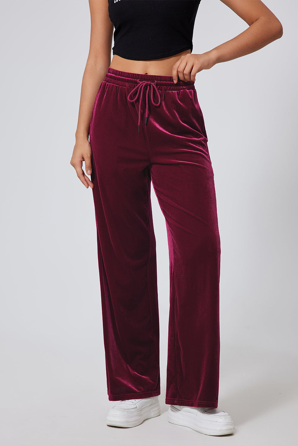 Pantalon large bordeaux uni à taille avec cordon de serrage