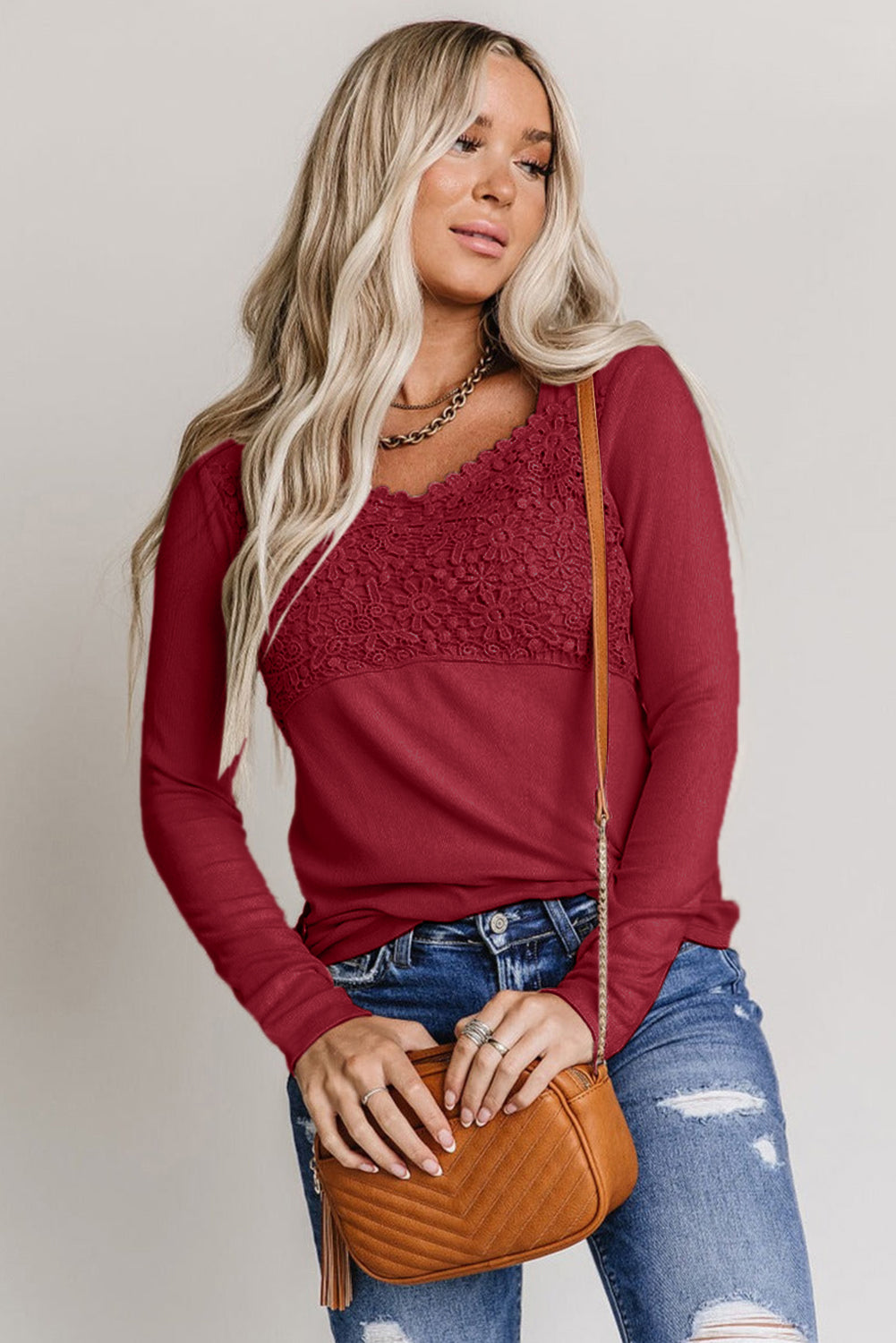 Fiery Red Lace Crochet V Neck Long Sleeve Top