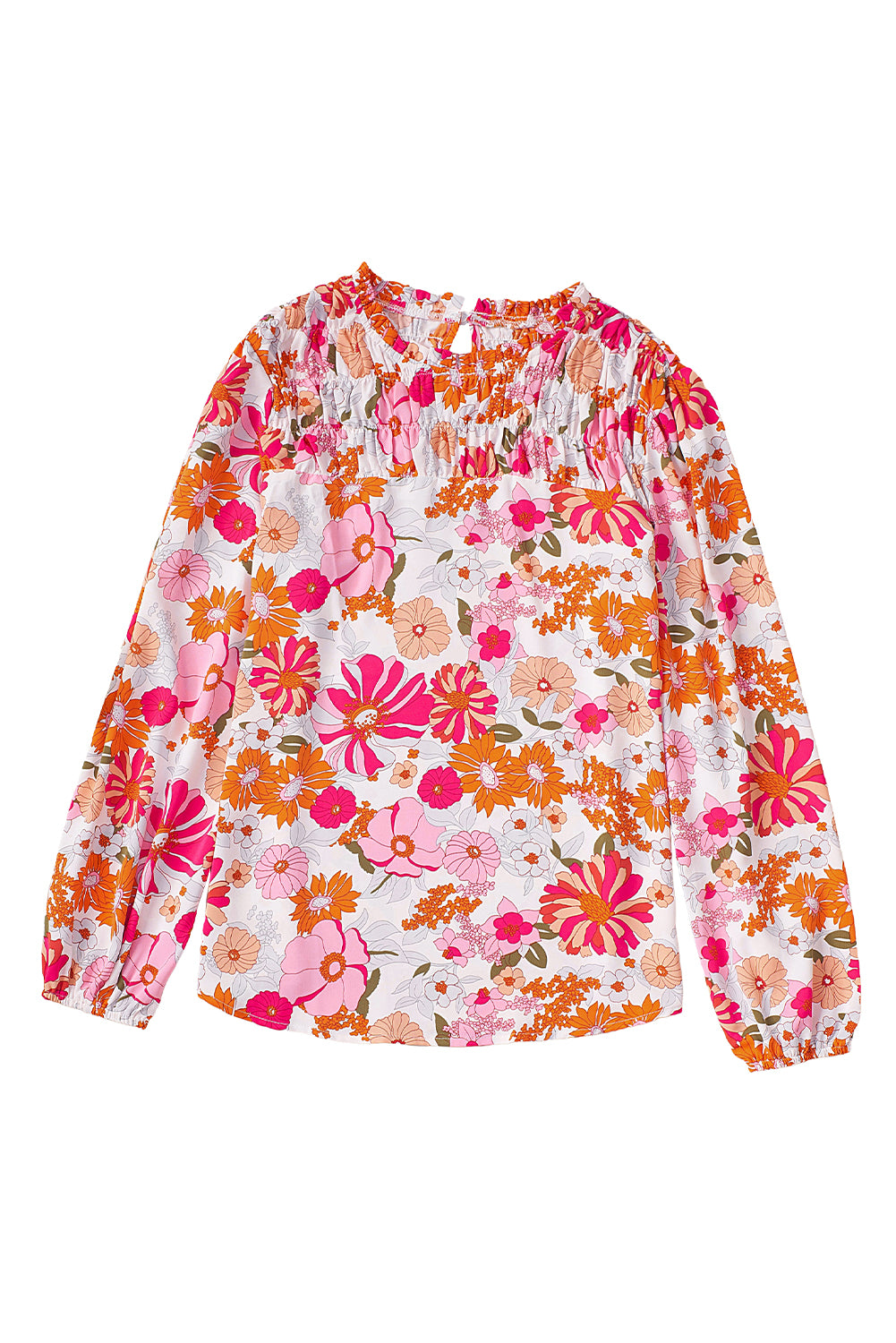 White Floral Frilled Neckline Puff Sleeve Blouse