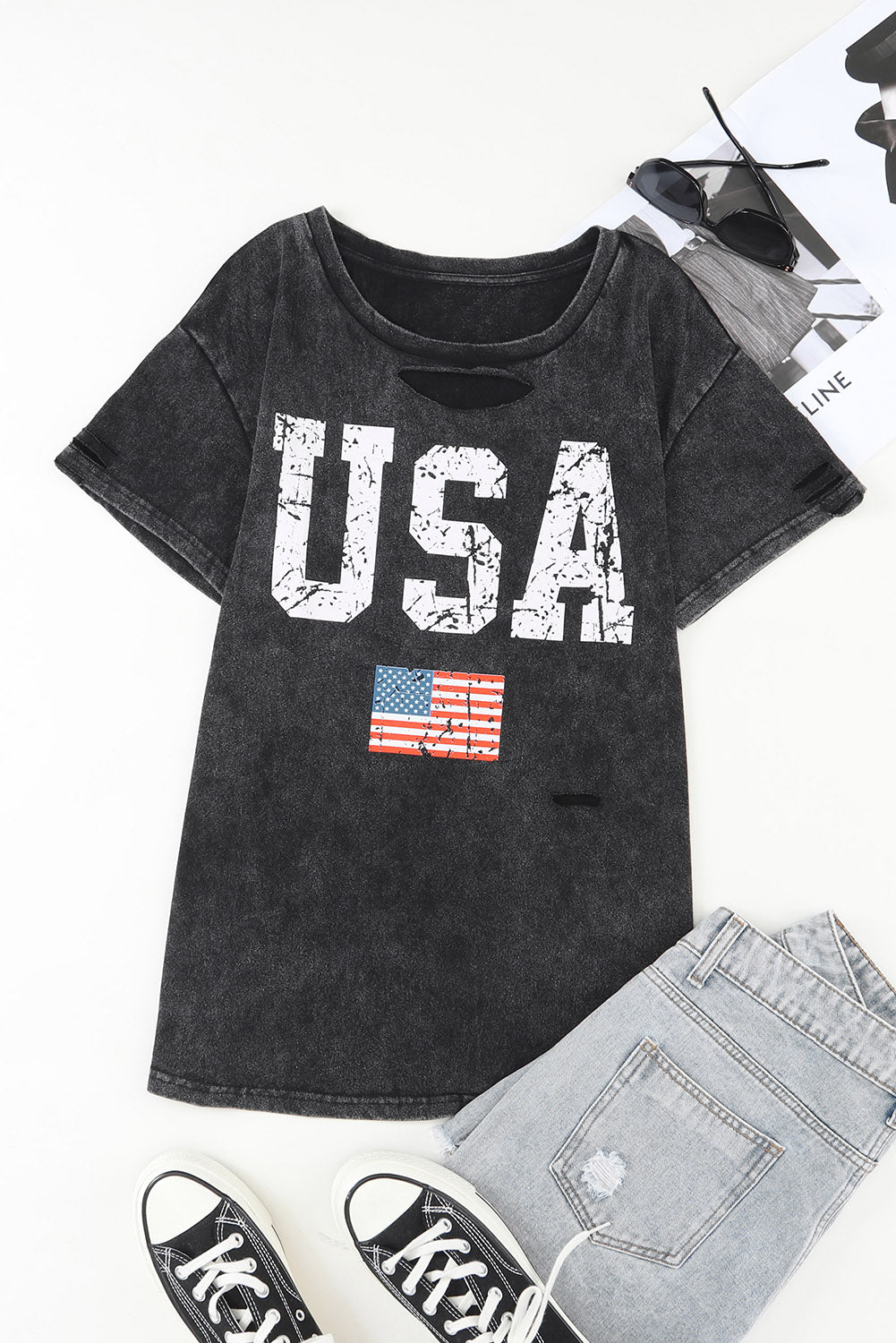 T-shirt noir effet vieilli tie-dye à imprimé drapeau américain