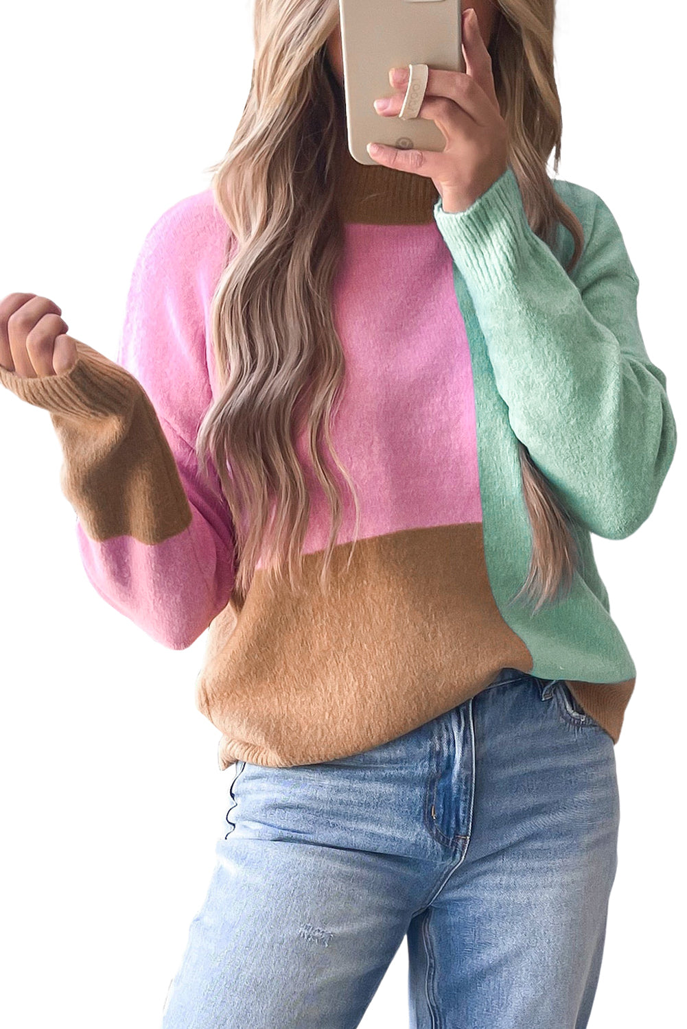 Večbarvni pulover z rebrastim robom z lažnim ovratnikom in barvnimi bloki