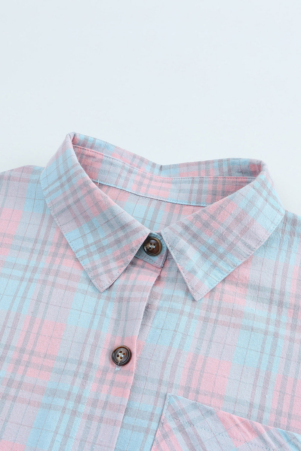 Pink Collared Neckline Plaid Pattern Long Sleeve Shirt