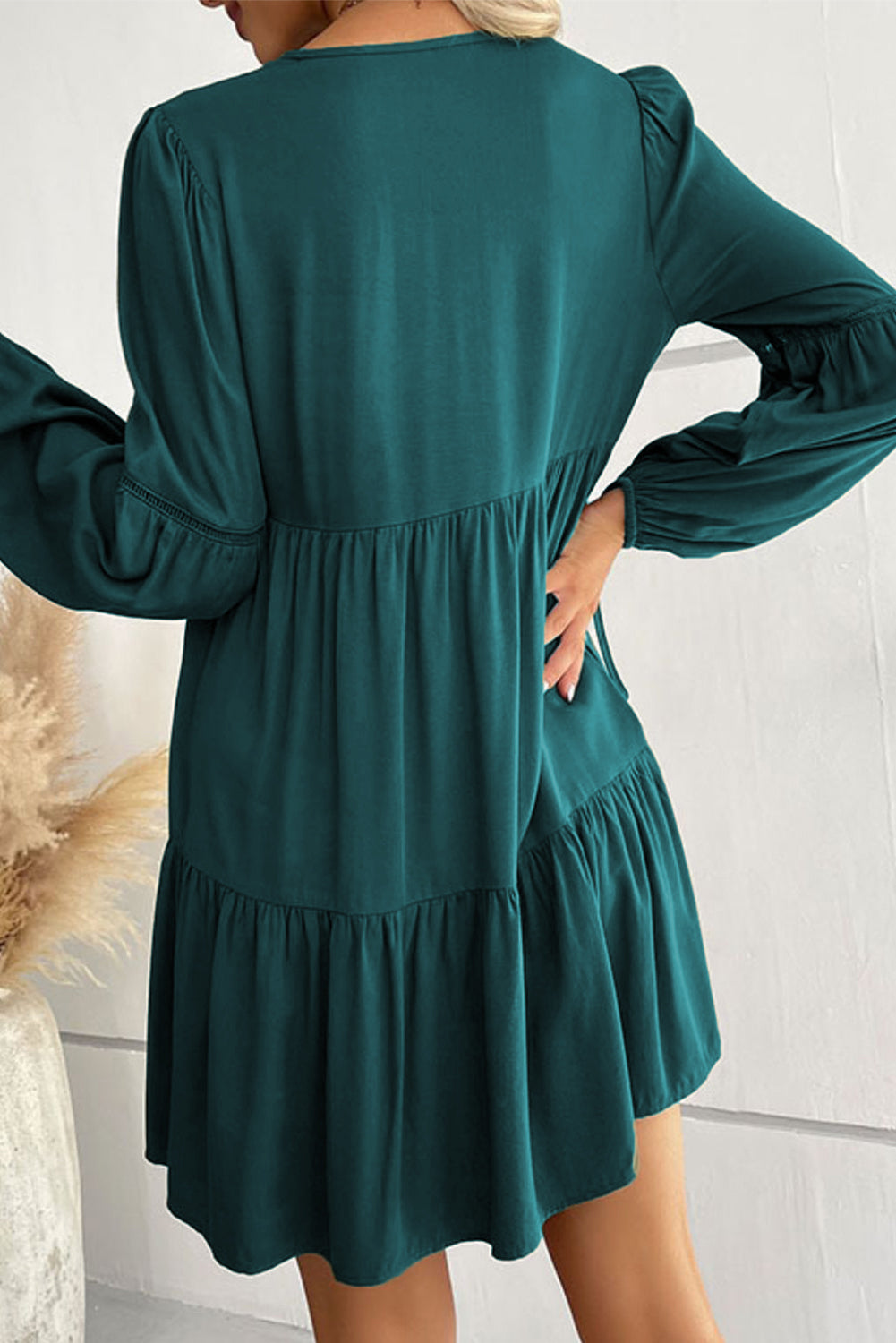 Sea Green Lace Puff Sleeve Buttoned Tiered Ruffled Mini Dress