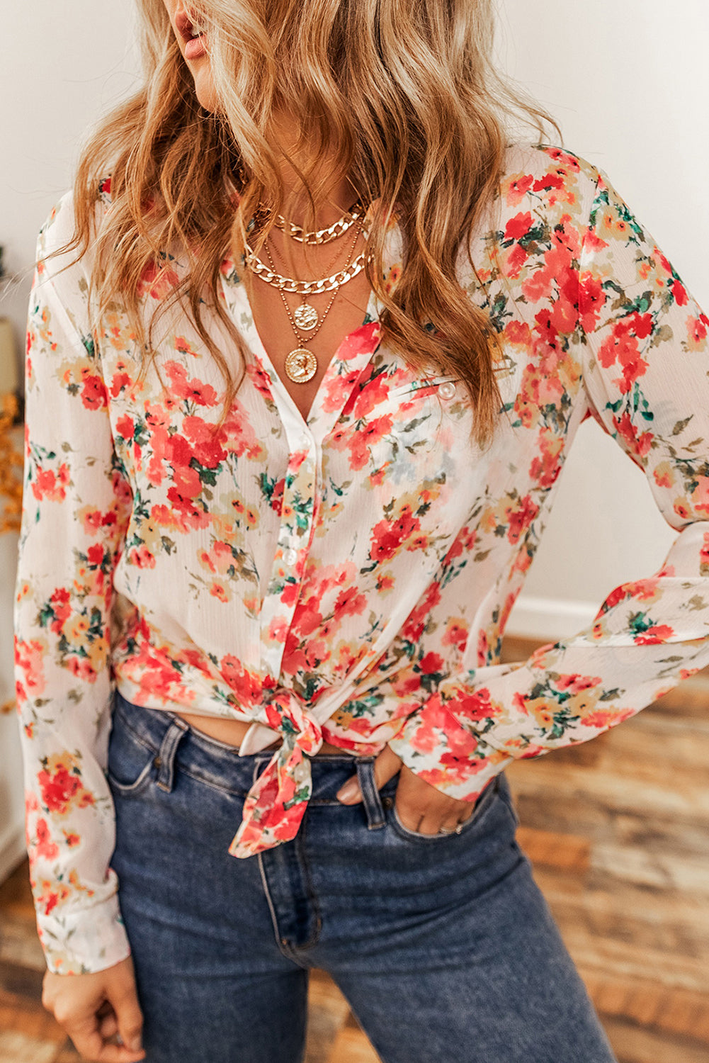 Chemise à poche poitrine à imprimé floral vibrant