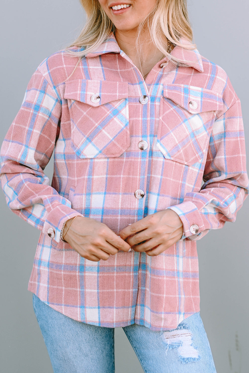Rožnata karirasta flanelasta žepna majica s preklopom