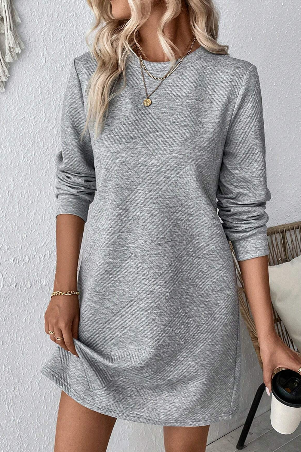 Gray Solid Color Textured Long Sleeve Shift Dress