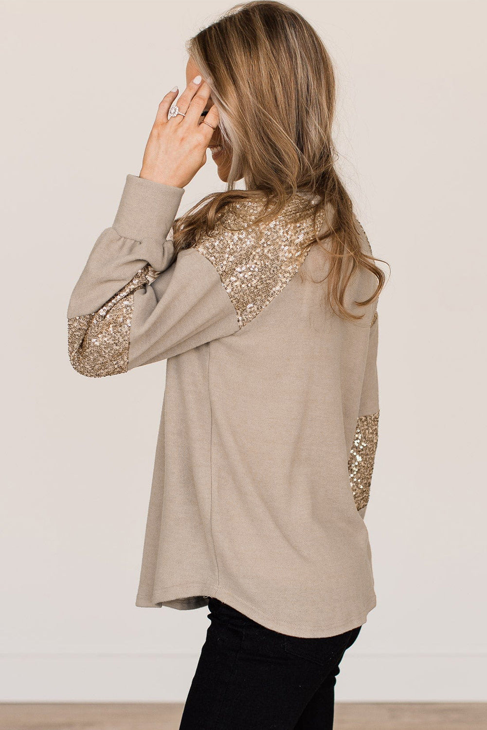 Light French Beige Sequin Patched Long Sleeve Top