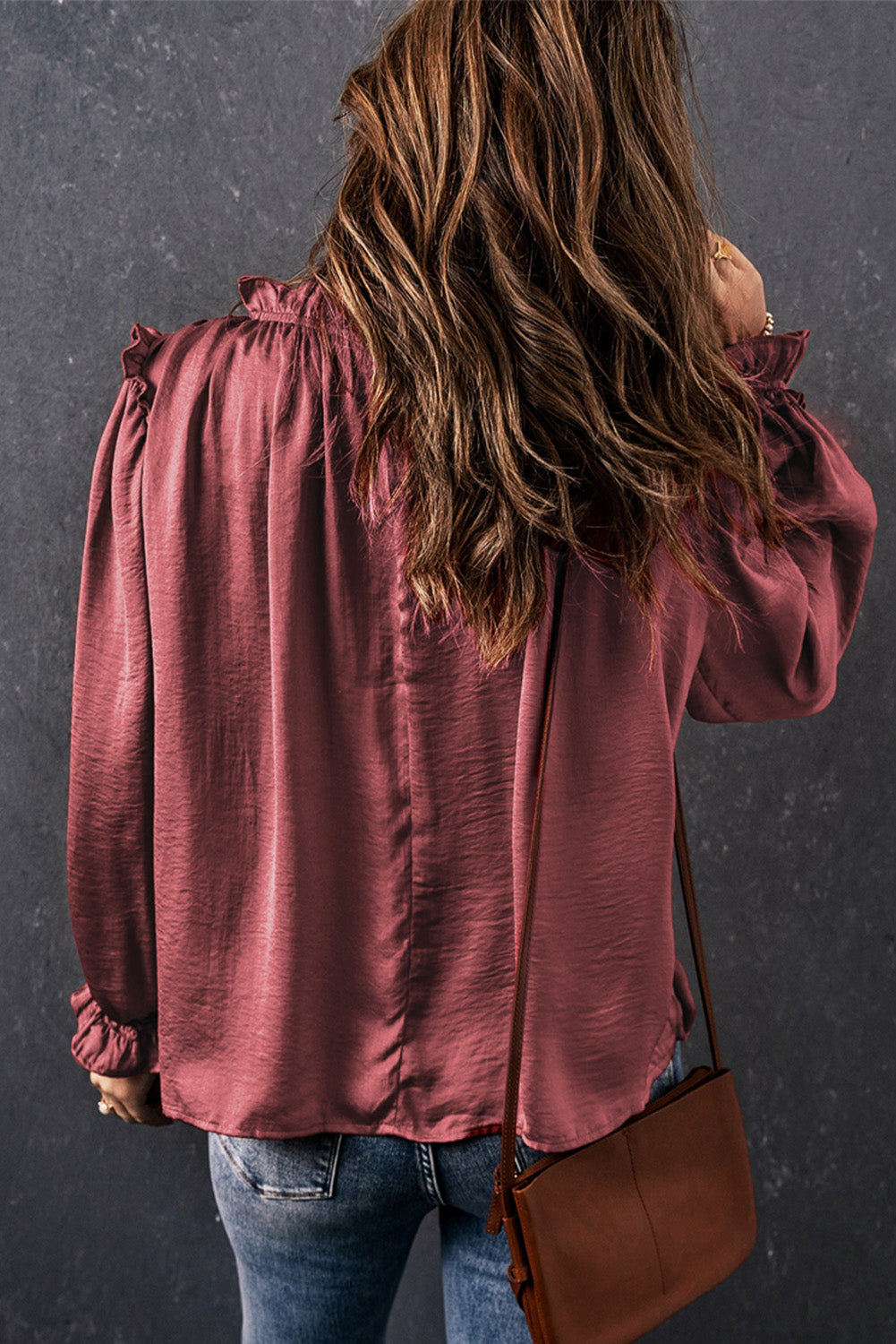 Fiery Red Frilled Neck Ruffled Long Sleeve Blouse