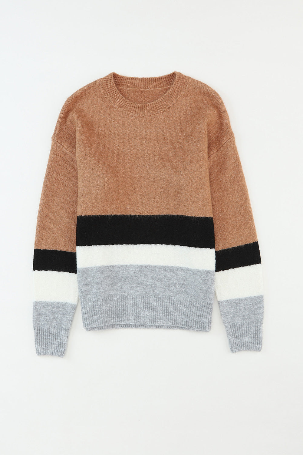 Rjav barvni blok črtast rebrast pleten pulover