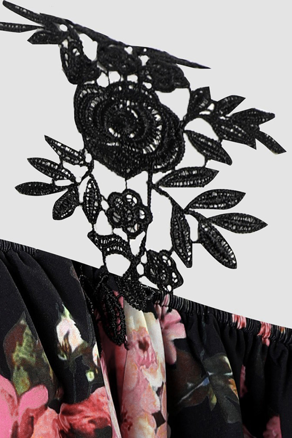 Črna ohlapna ohlapna bluza z mrzlimi rameni iz čipke s cvetličnim vzorcem