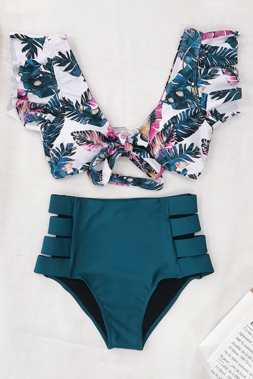 Floral Print Front Tie High Waist Bikini Swimsuit with Ruffles