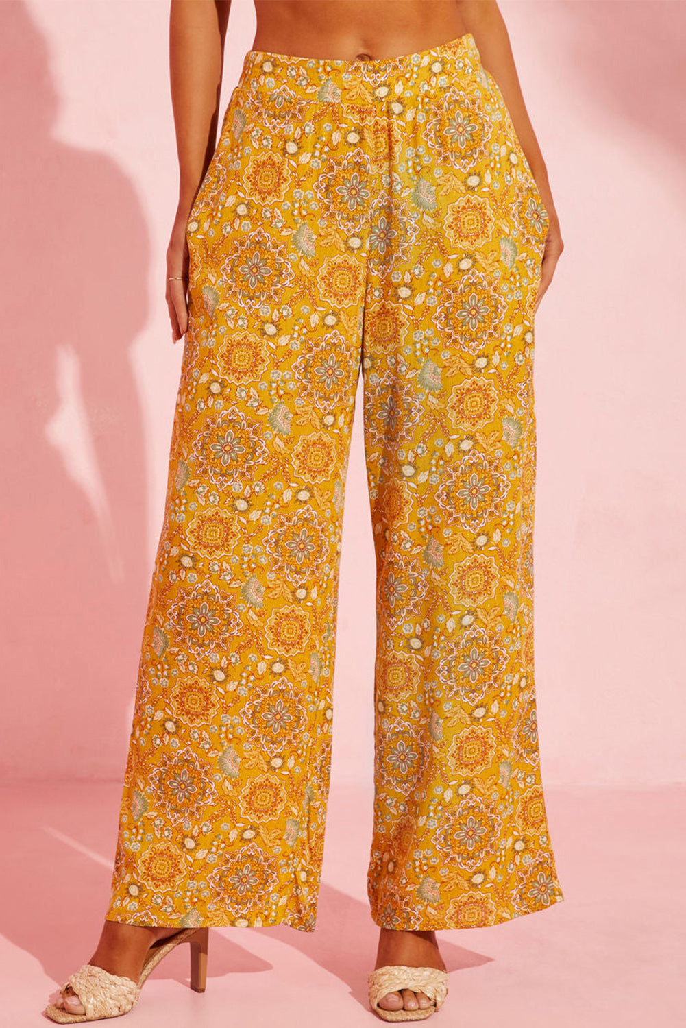 Pantaloni larghi con tasche con stampa floreale bohémien gialli