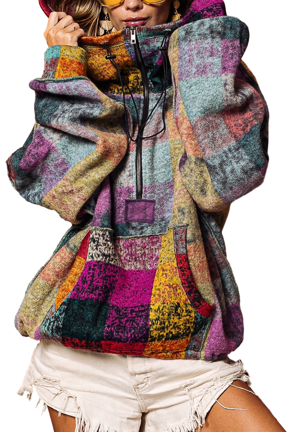 Večbarvni pulover s kapuco s polzadrgo in karirasto barvo