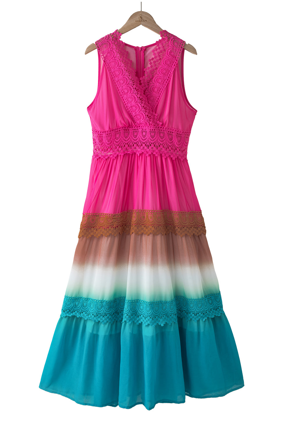 Langes Kleid mit mehrfarbigen Spitzennähten und Farbverlauf in Regenbogenfarben