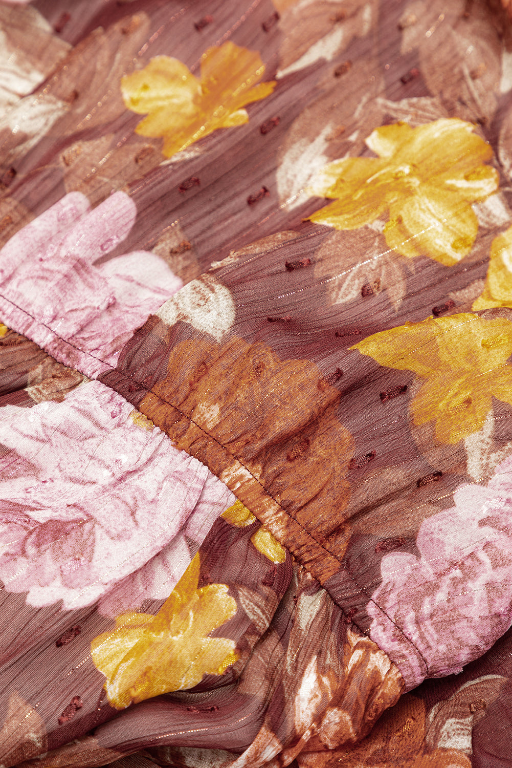 Robe florale multicolore froncée à col haut et à lacets taille haute