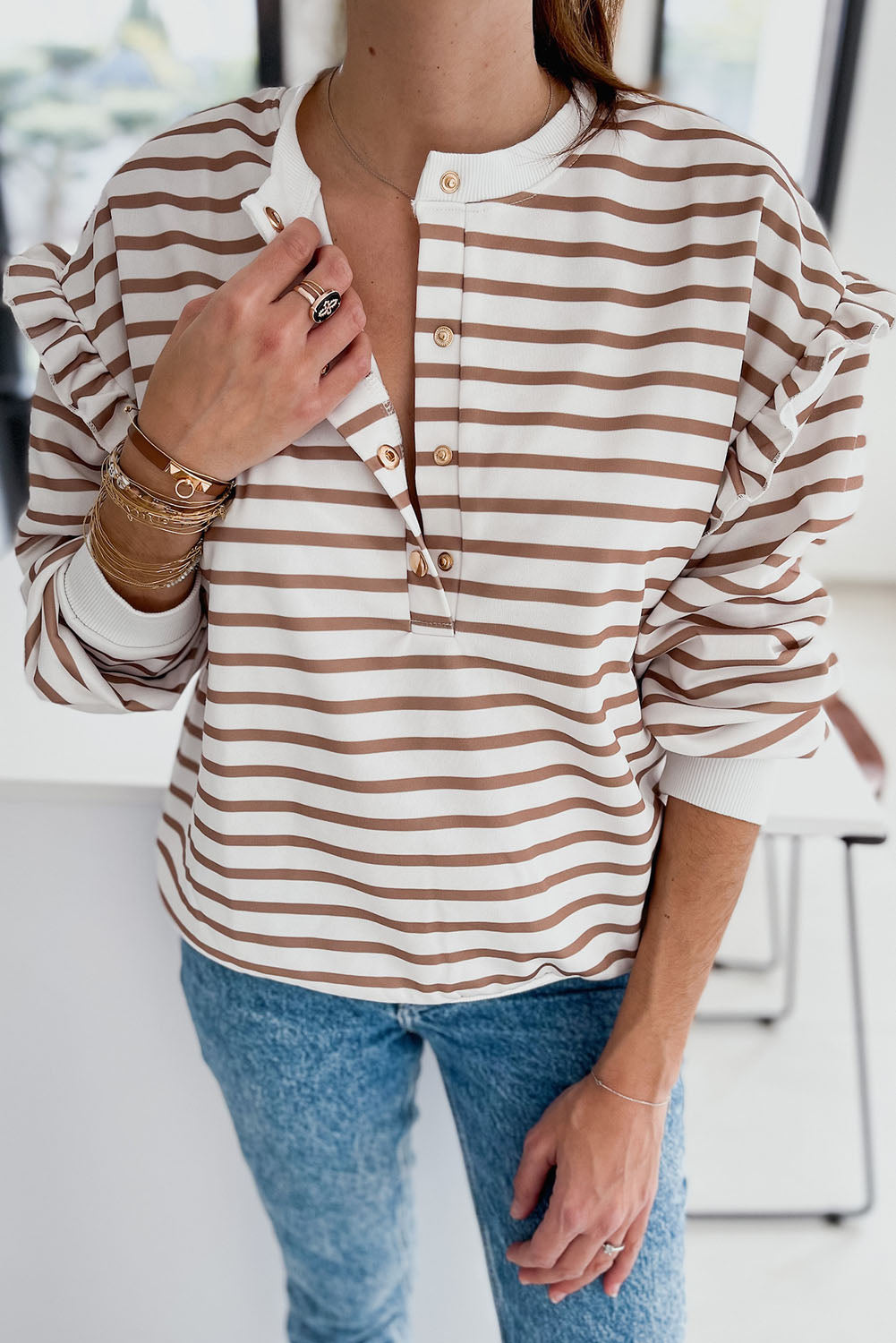 Brown Striped Ruffled Sleeve Buttoned Half-Placket Top