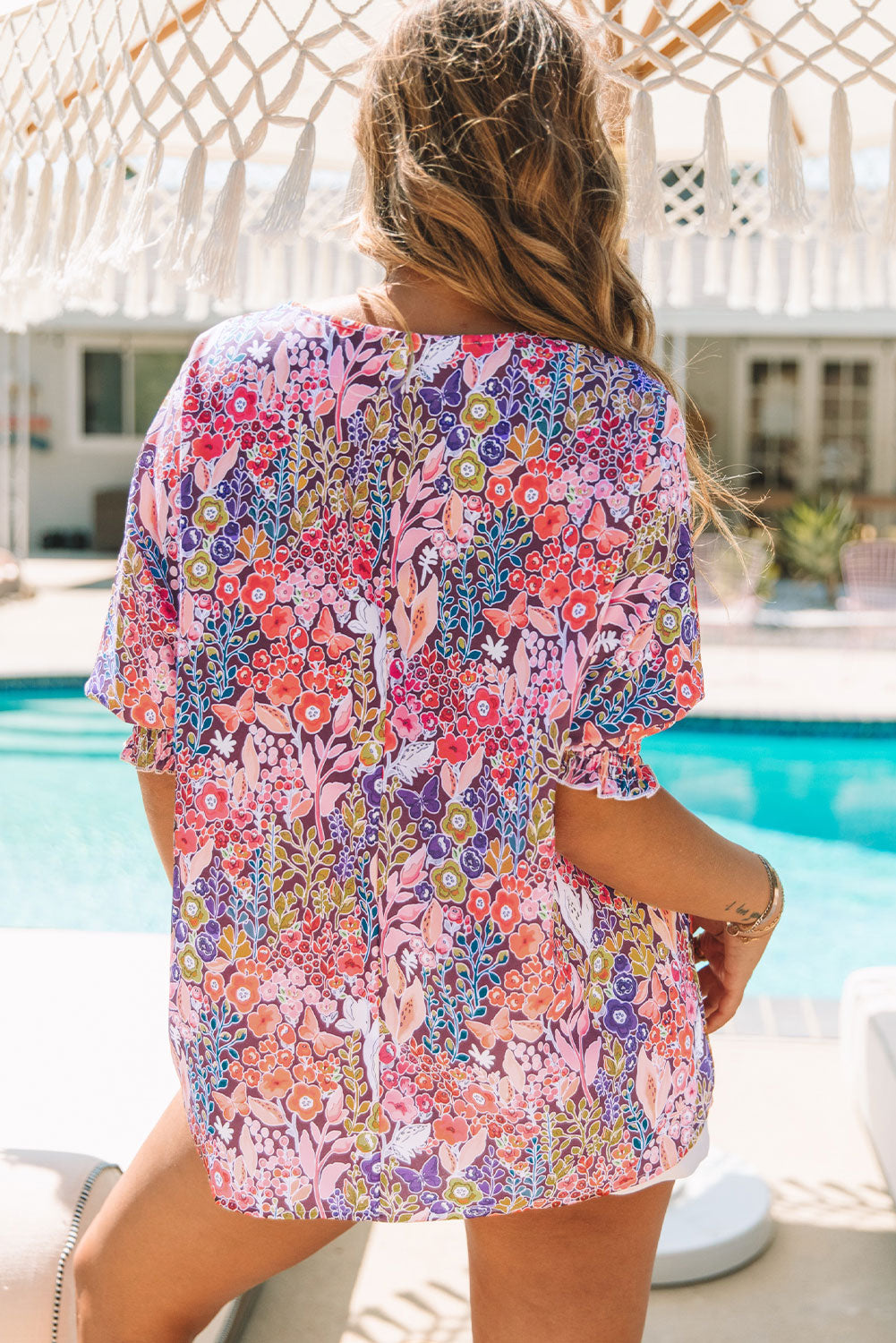 Geraffte Tunika-Bluse mit mehrfarbigen Blumenmuster und 3/4-Ärmeln