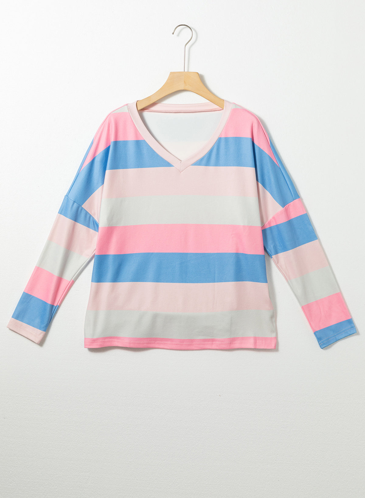 Ružičasta majica s dugim rukavima s V izrezom i kontrastnim prugama