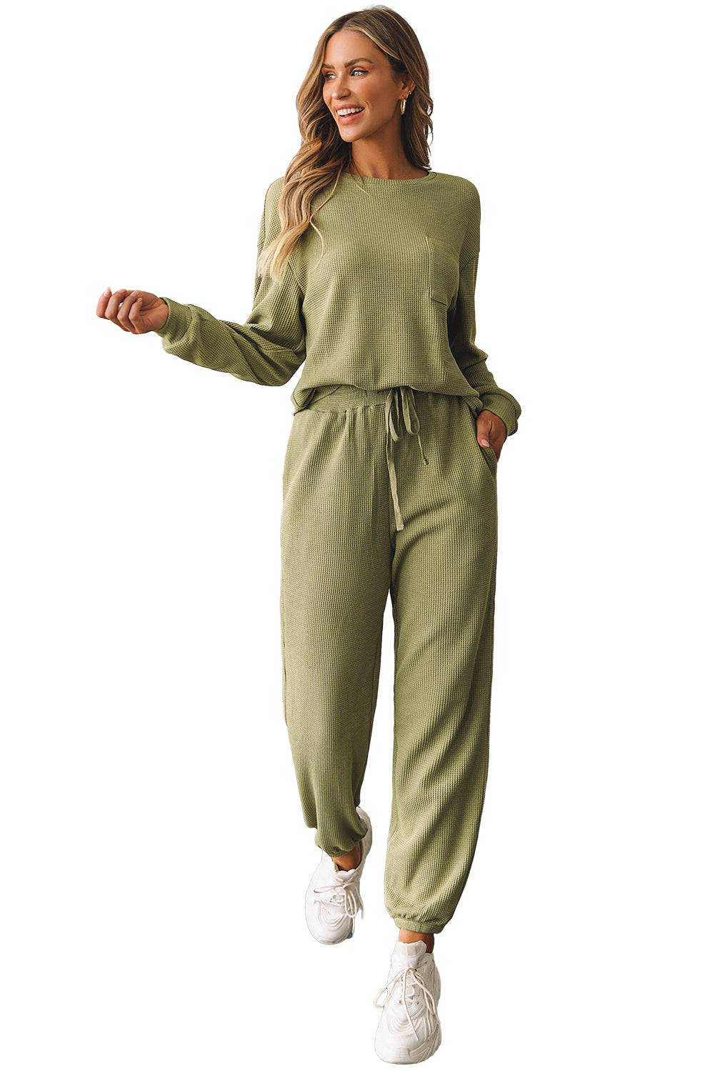 Set da jogging Laurel Green Waffle Knit a maniche lunghe con coulisse