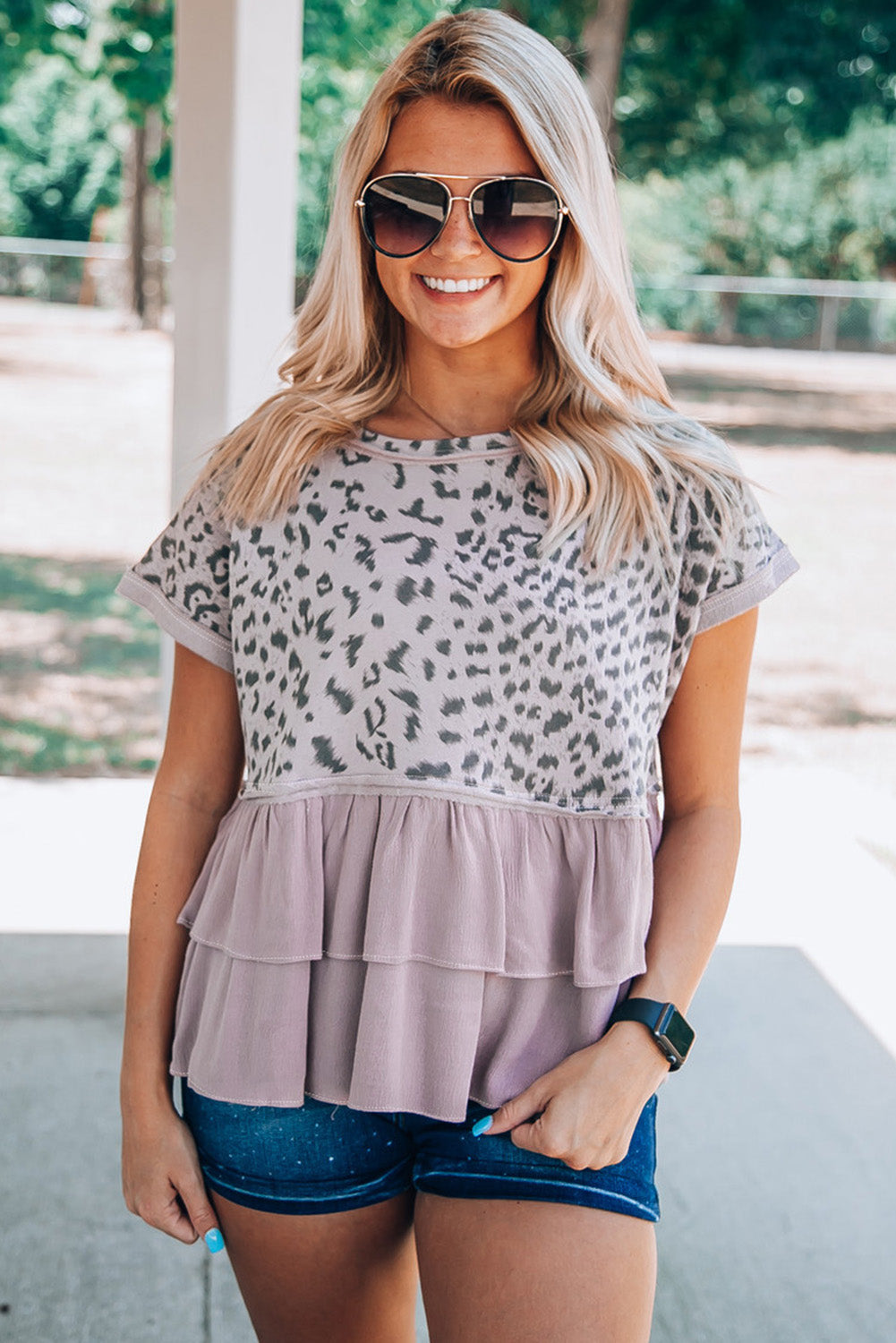 Pink Leopard Tiered Ruffle Short Sleeve Top