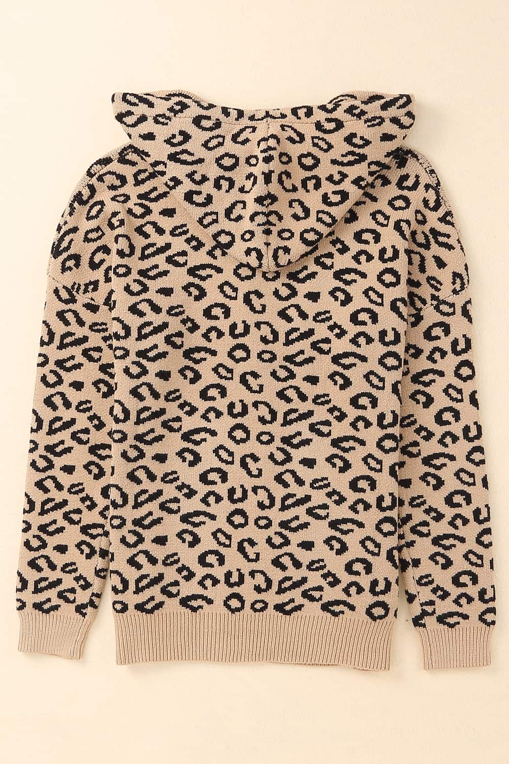 Kaki leopard pleten pulover s kapuco z vrvico