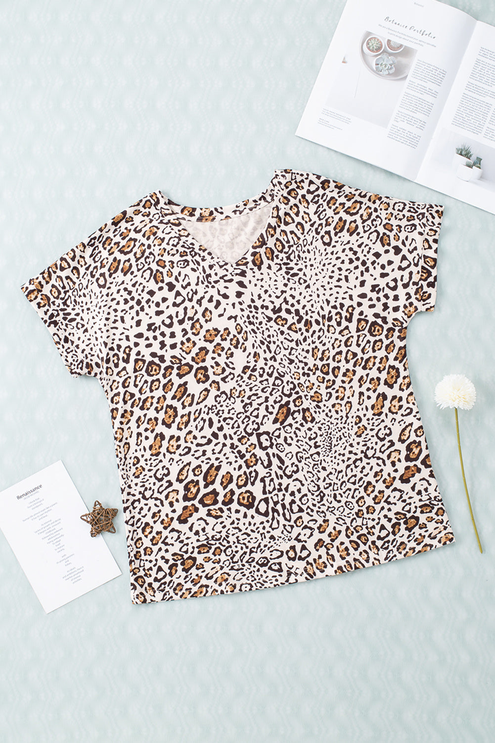 Leopard Leopard Print Loose Fit V Neck T Shirt