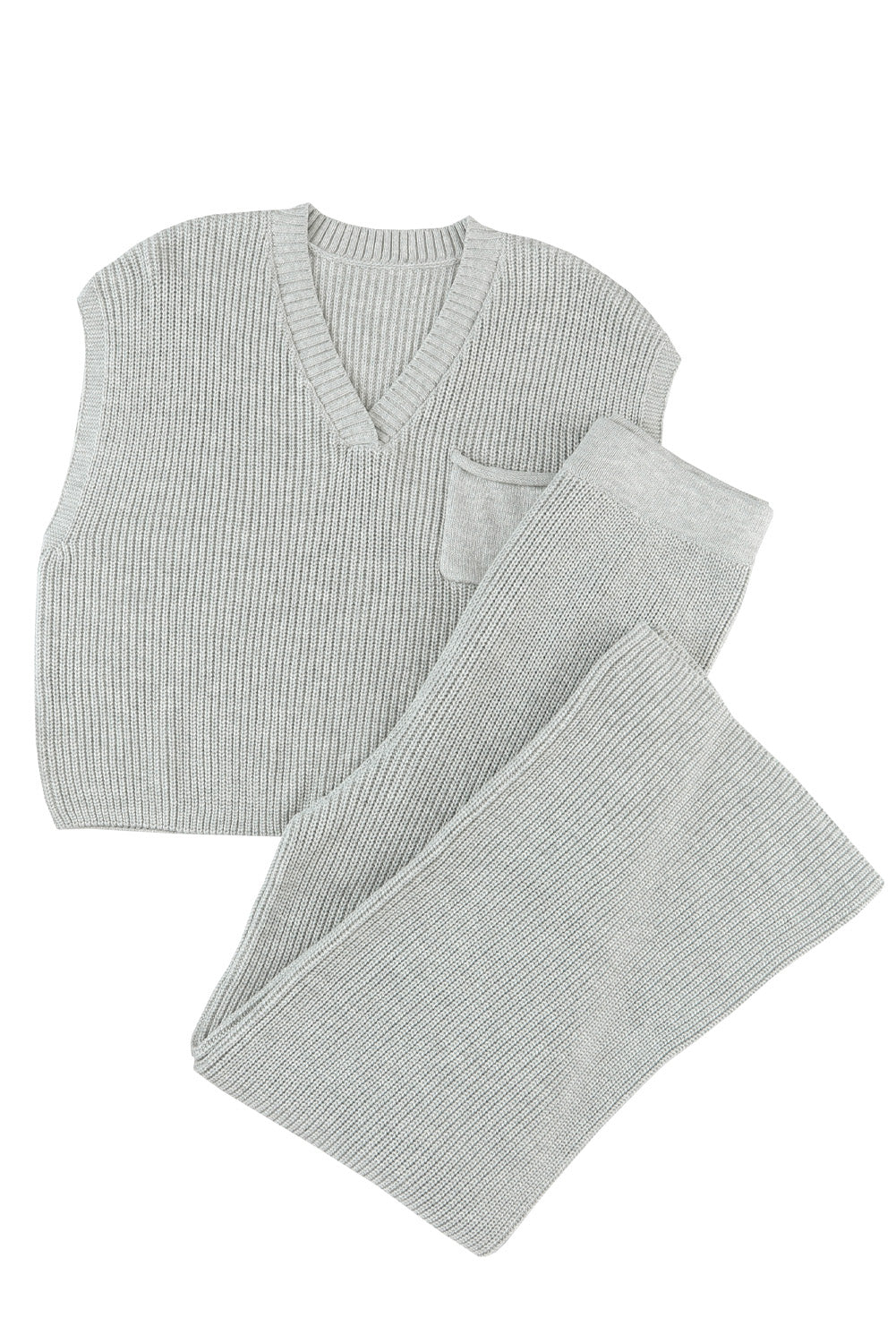 Set aus grauem Strickpullover mit V-Ausschnitt und Freizeithose