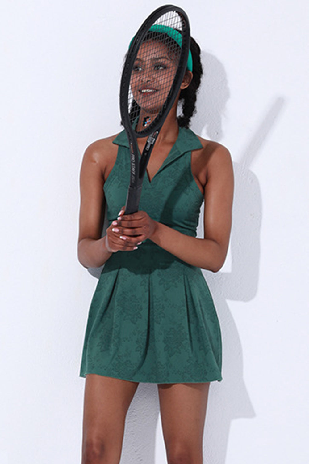 Blackish Green Sleeveless V Neck Shirt Collar Sports Mini Dress