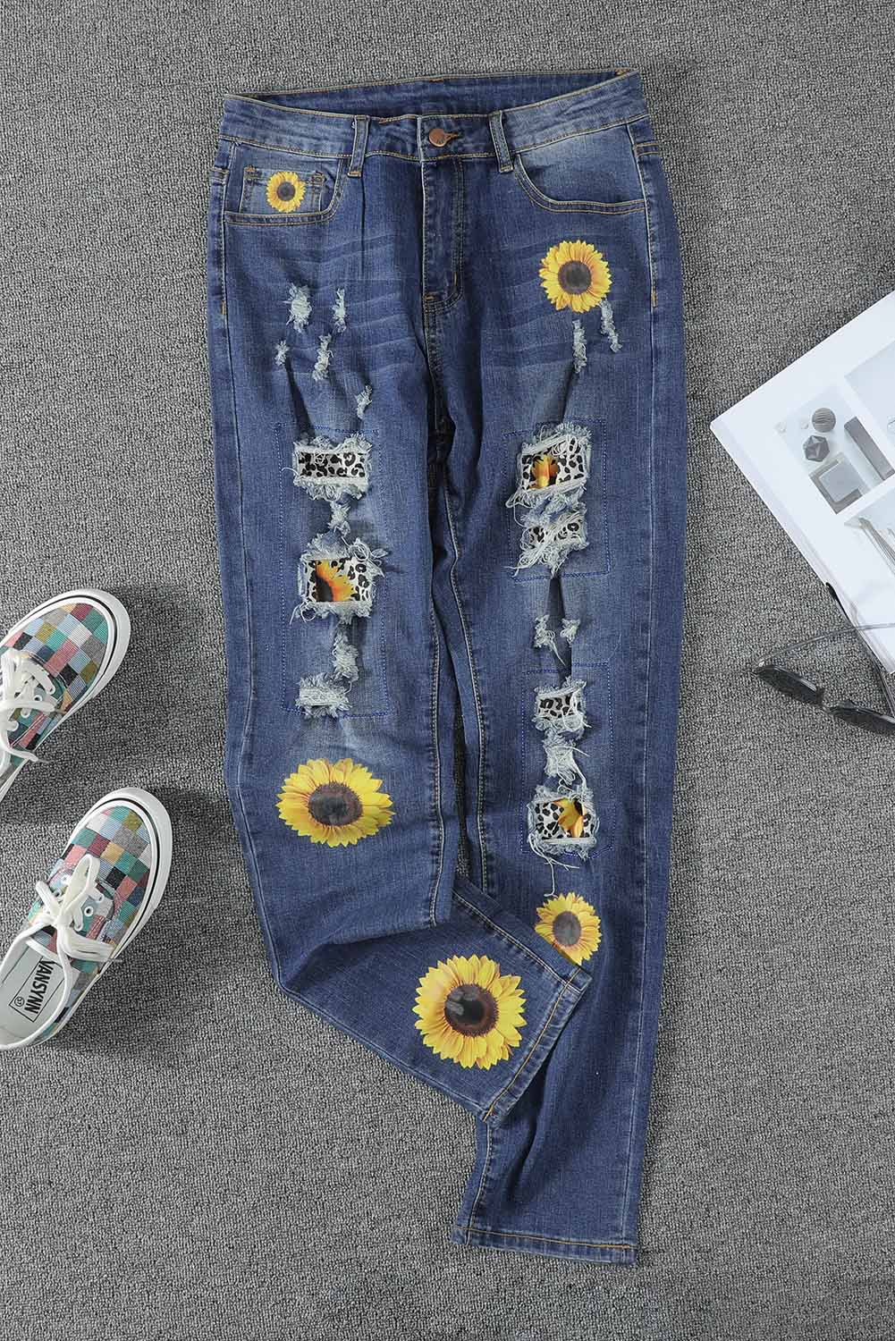 Jeans a vita alta invecchiati con stampa girasole patchwork leopardato