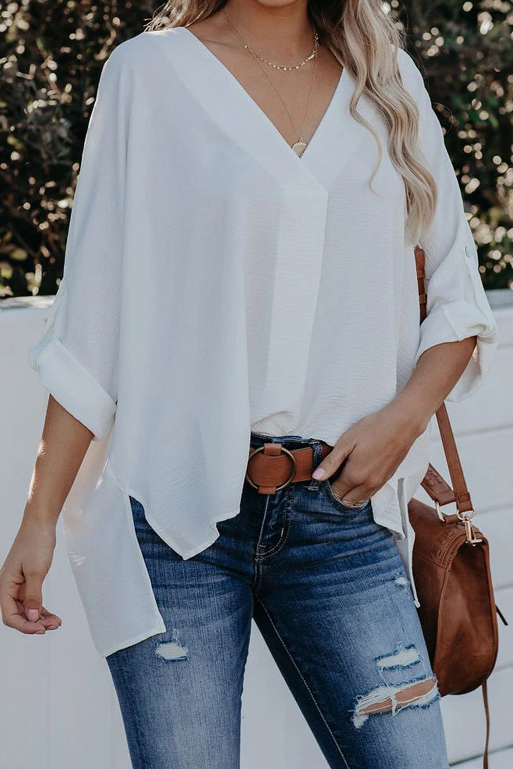 Blue V Neck 3/4 Sleeve High Low Hem Shirt