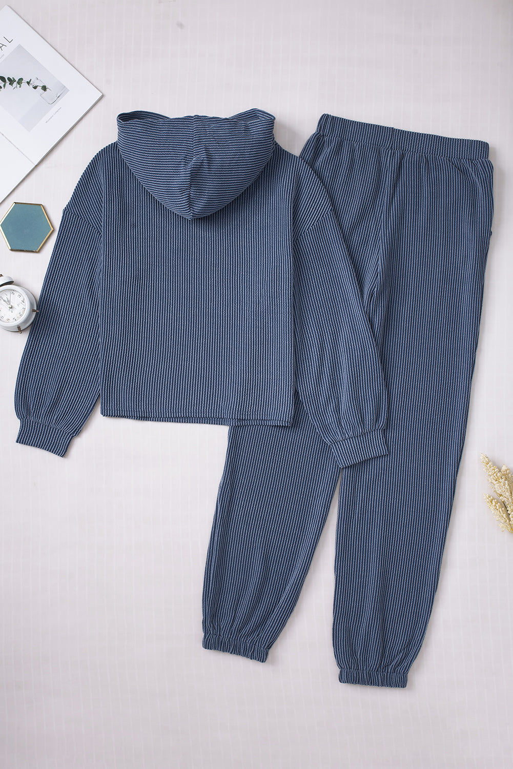 Blue Hollow-out Ribbed Hoodie Pants Casual 2pcs Outfit