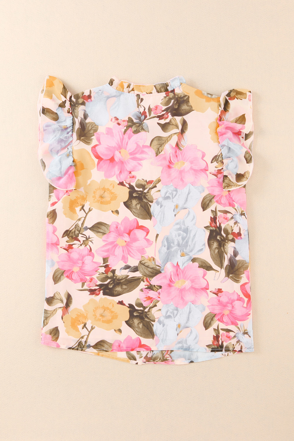Pink Floral Print Tassel Tie Short Sleeve Blouse