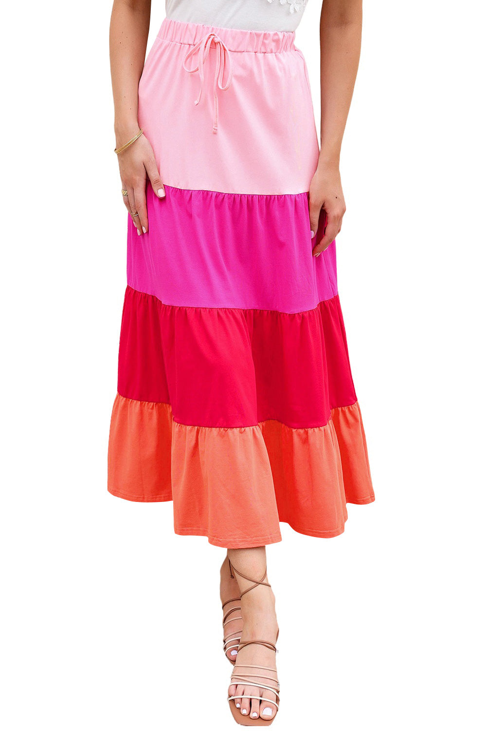 Pink Color Block Tiered Drawstring High Waist Maxi Skirt