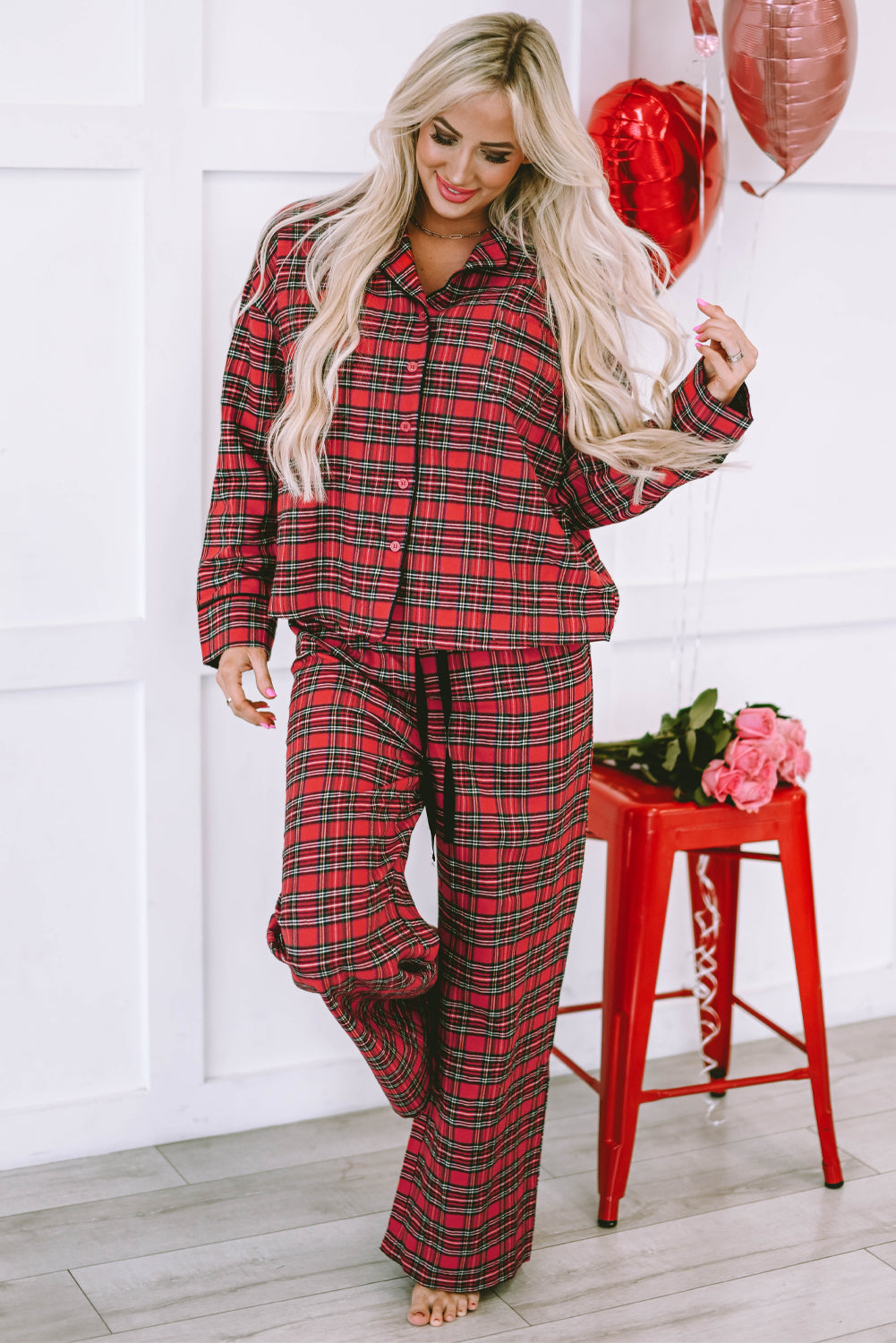 Fiery Red Tartan Plaid Print Long Sleeve Shirt and Pants Pajama Set