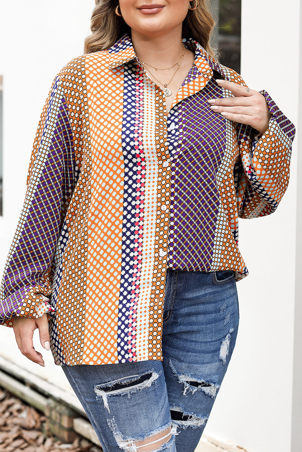 Chemise boutonnée en patchwork à pois mélangés marron de grande taille