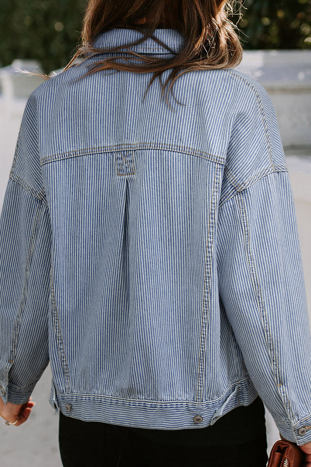 Sky Blue Stripe Washed Oversize Pocketed Denim Jacket