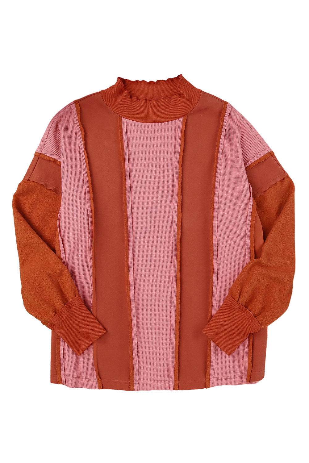 Haut patchwork déchiré à coutures apparentes en tricot gaufré rouge vif avec trou pour le pouce