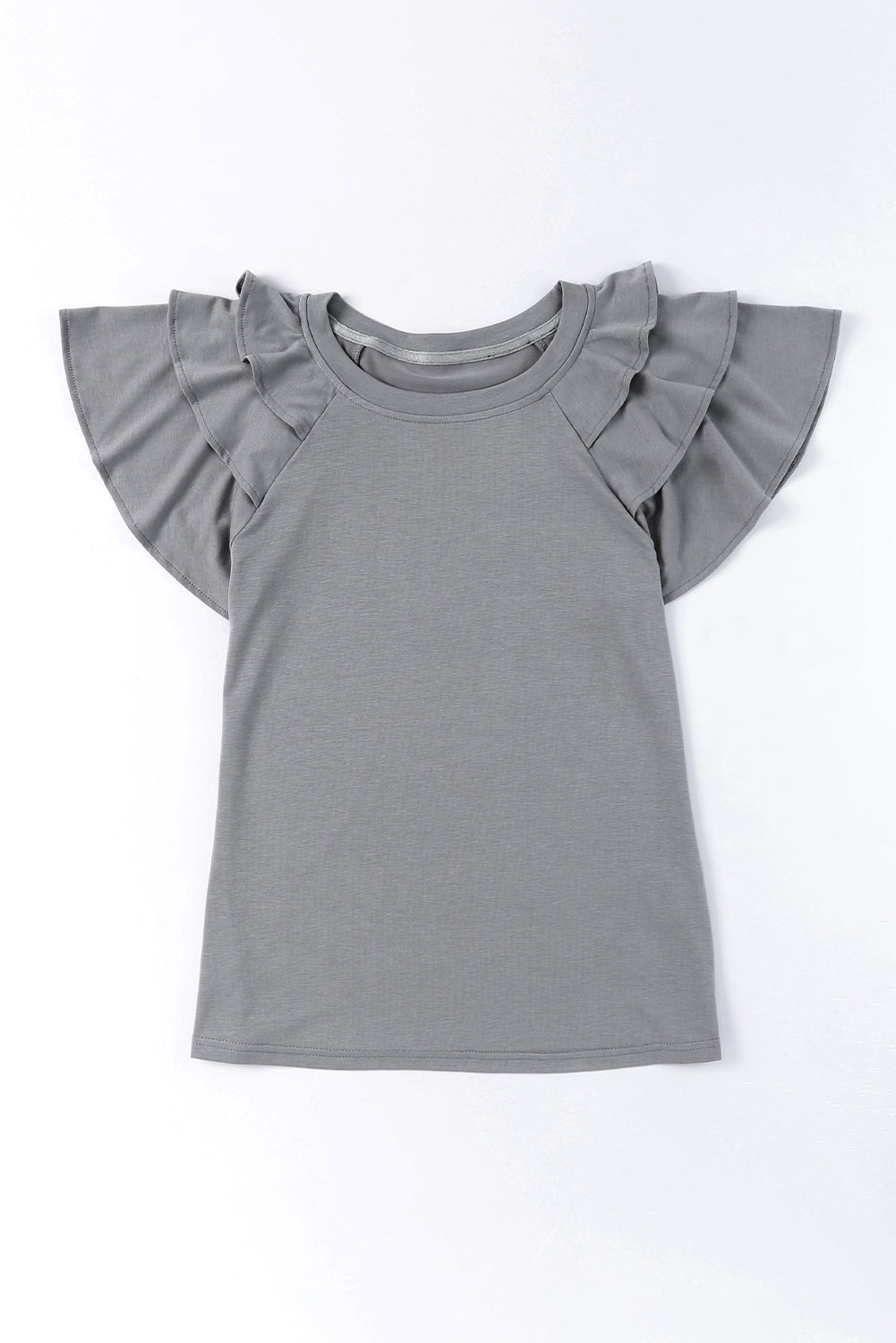 Graues, einfarbiges, kurzärmliges T-Shirt mit Rüschen