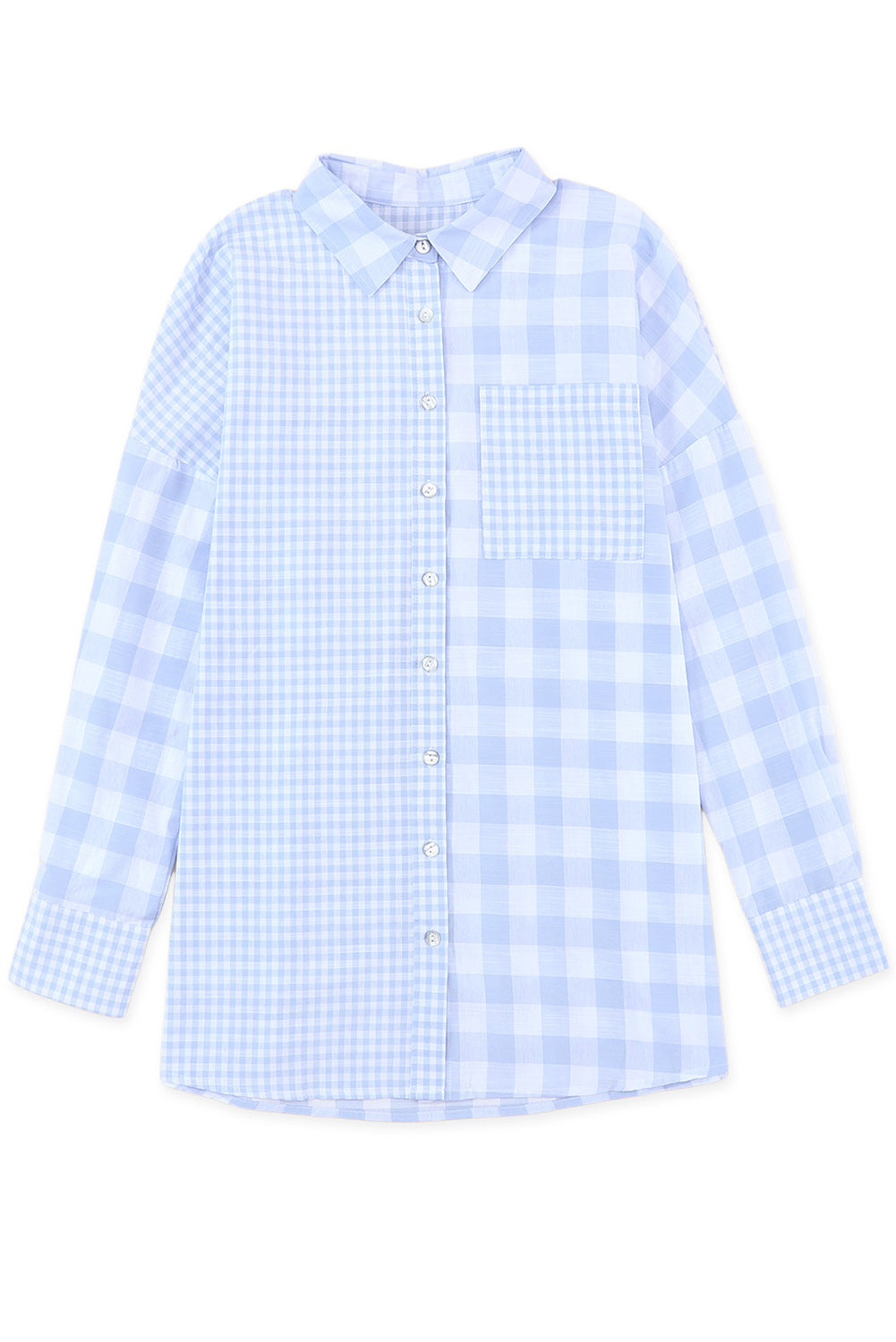 Camicia a maniche lunghe patchwork a quadri mix azzurro cielo