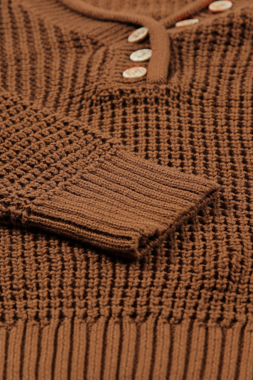 Black Pointelle Knit Button V Neck Drop Shoulder Sweater