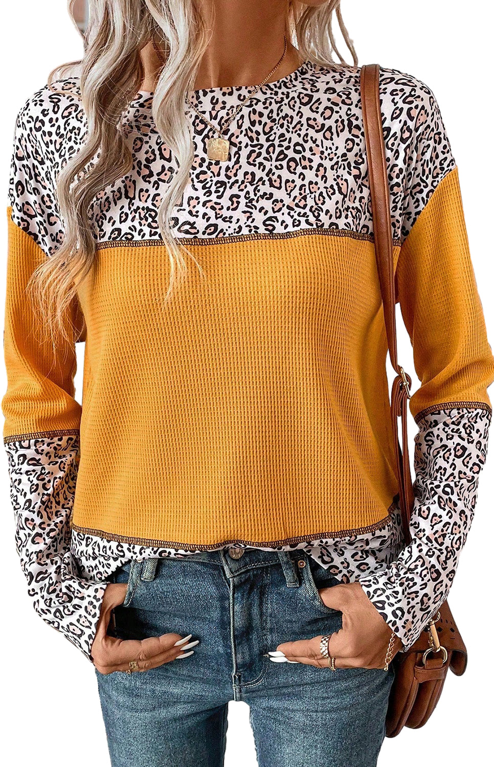 Jungle Green Leopard Print Waffle Knit Patchwork Top