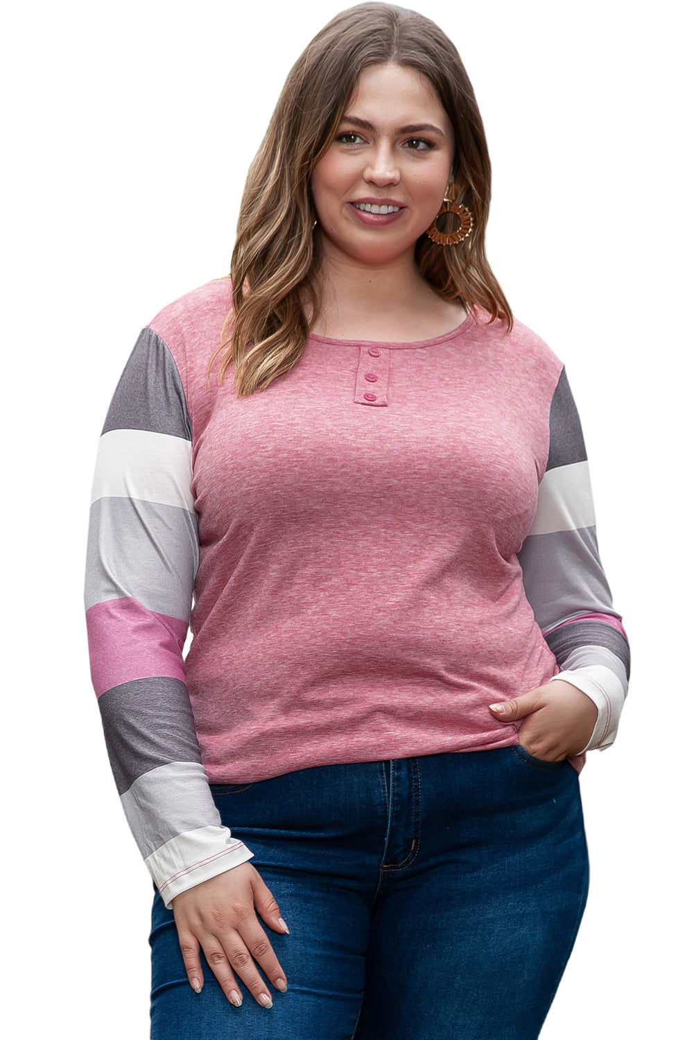 Pink Candy Striping Sleeve Plus Size Top