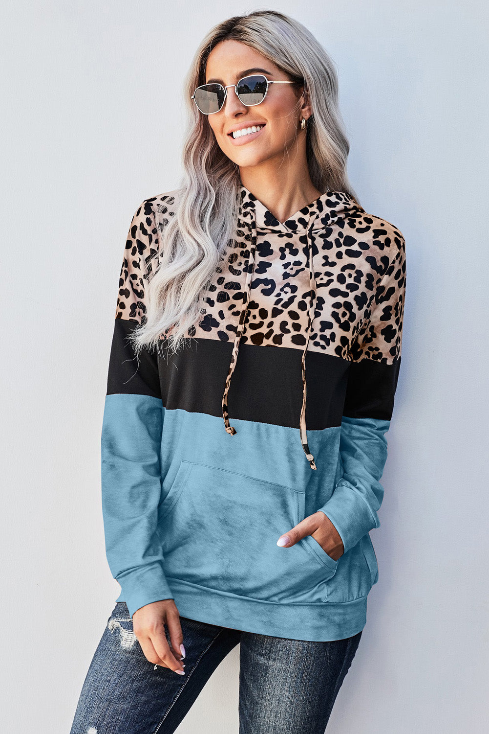 Blauer Leoparden-Batik-Colorblock-Hoodie