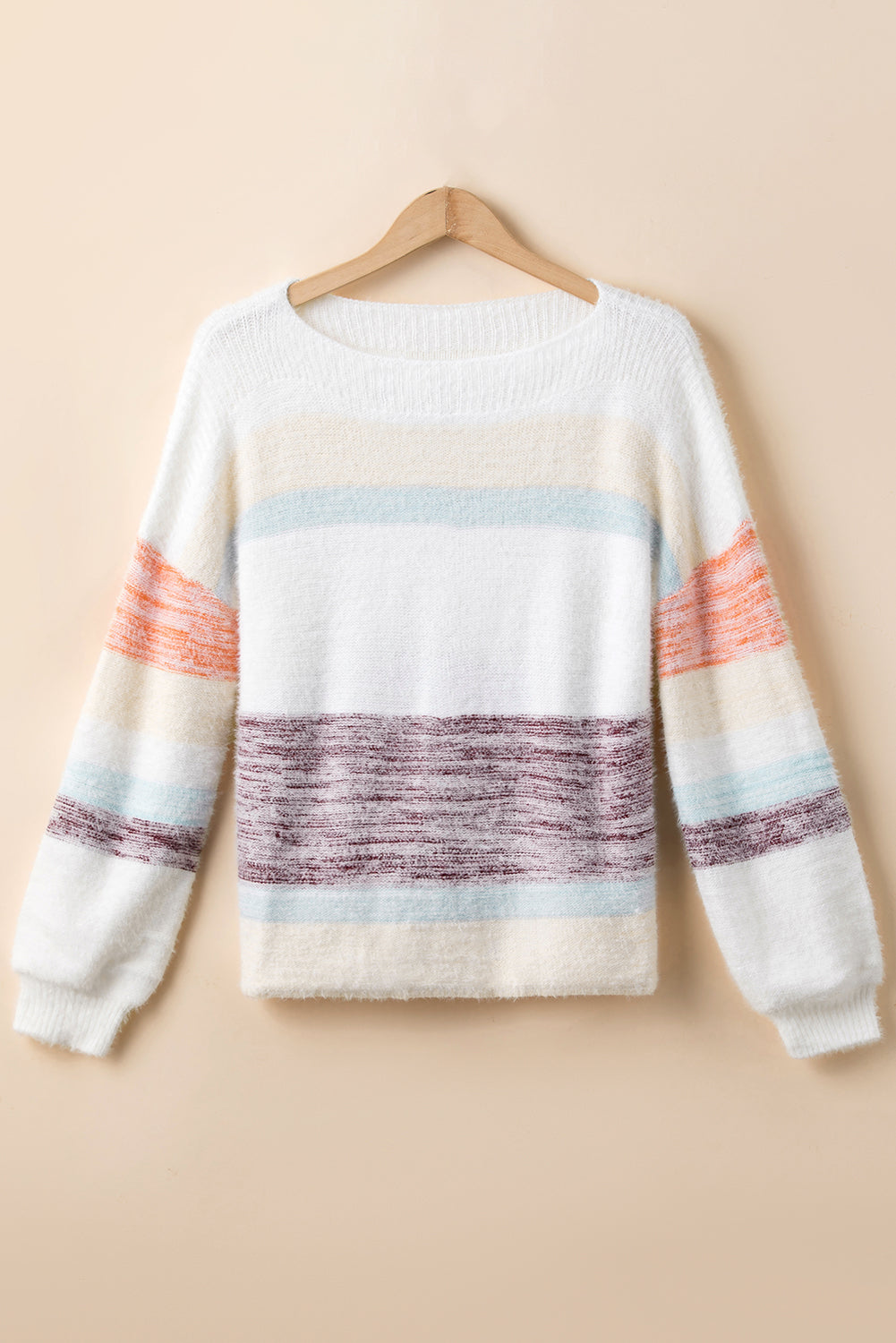 Multicolor Colorblock Striped Bishop Sleeve Fuzzy Sweater